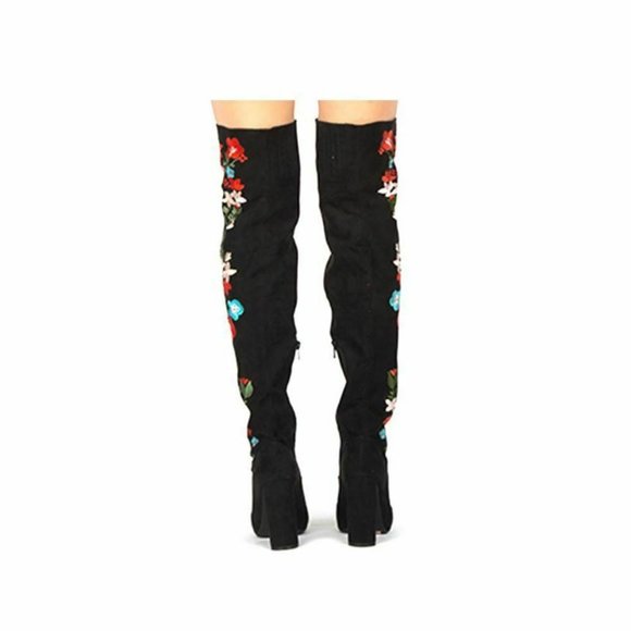 New Qupid Boots 6  OTK Over Knee Heel Black Faux Suede Embroidered Flowers - Picture 4 of 7